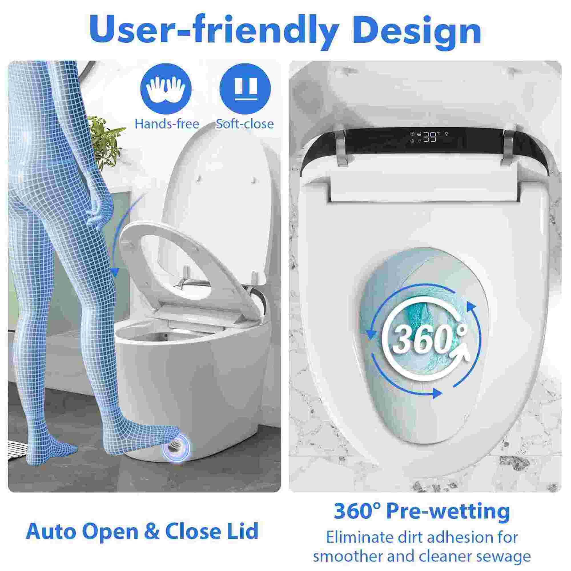 The text on the image is grouped and corrected as follows:
User-friendly Design:
* Hands-free Soft-close 39 360 Auto Open & Close Lid
* 360 Pre-wetting
* Eliminate dirt adhesion for smoother and cleaner sewage