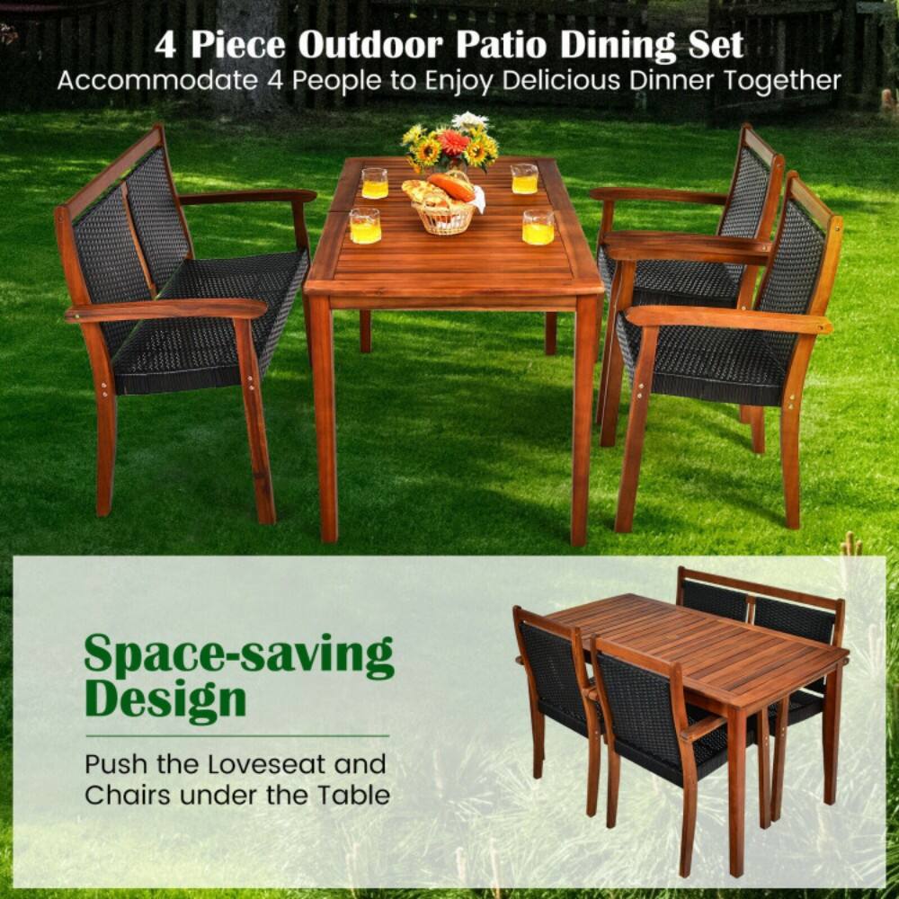4 Piece Outdoor Patio Dining Set  
Accommodate 4 People to Enjoy Delicious Dinner Together  

Space-saving Design  
Push the Loveseat and Chairs under the Table