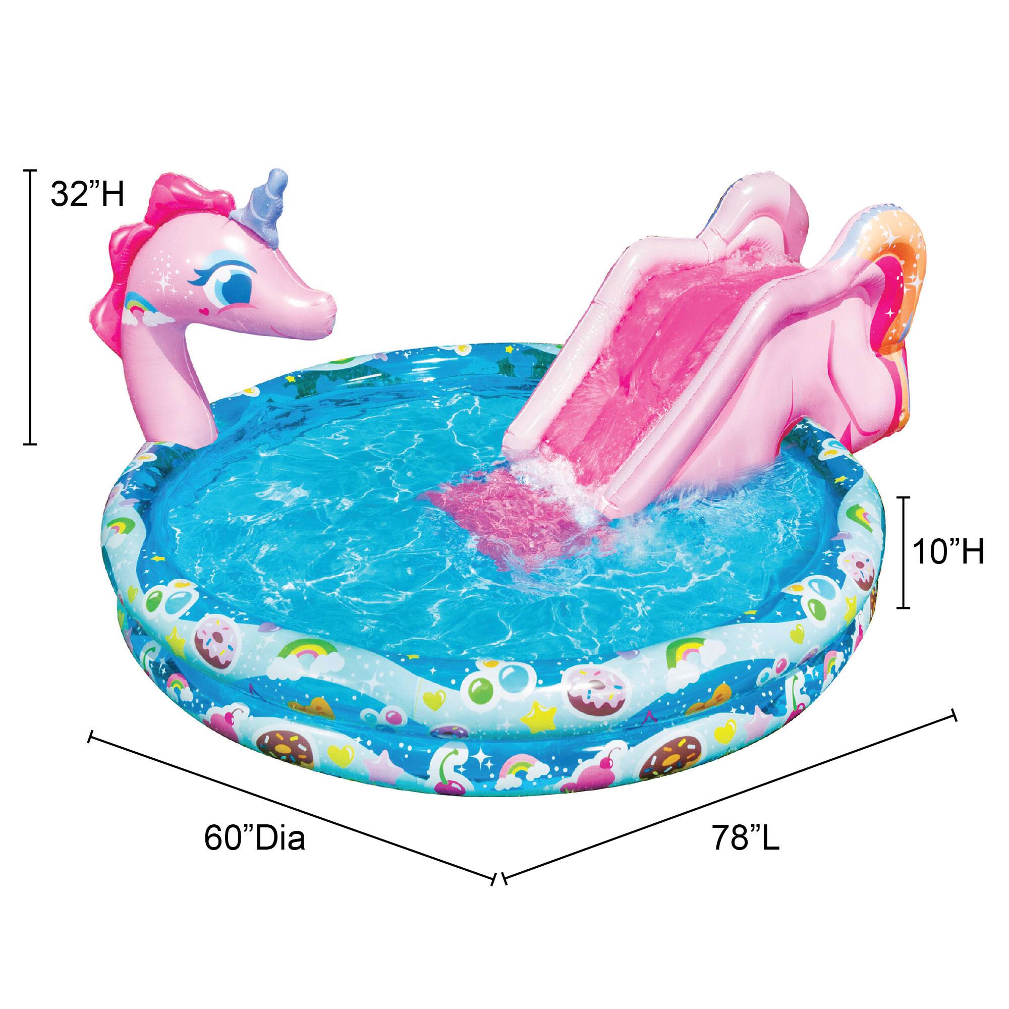 The text on the image reads: "32"H I 10"H 60"Dia 78"L". This information indicates the dimensions of the inflatable pool. The pool has a height of 32 inches, a width of 10 inches, a diameter of 60 inches, and a length of 78 inches.