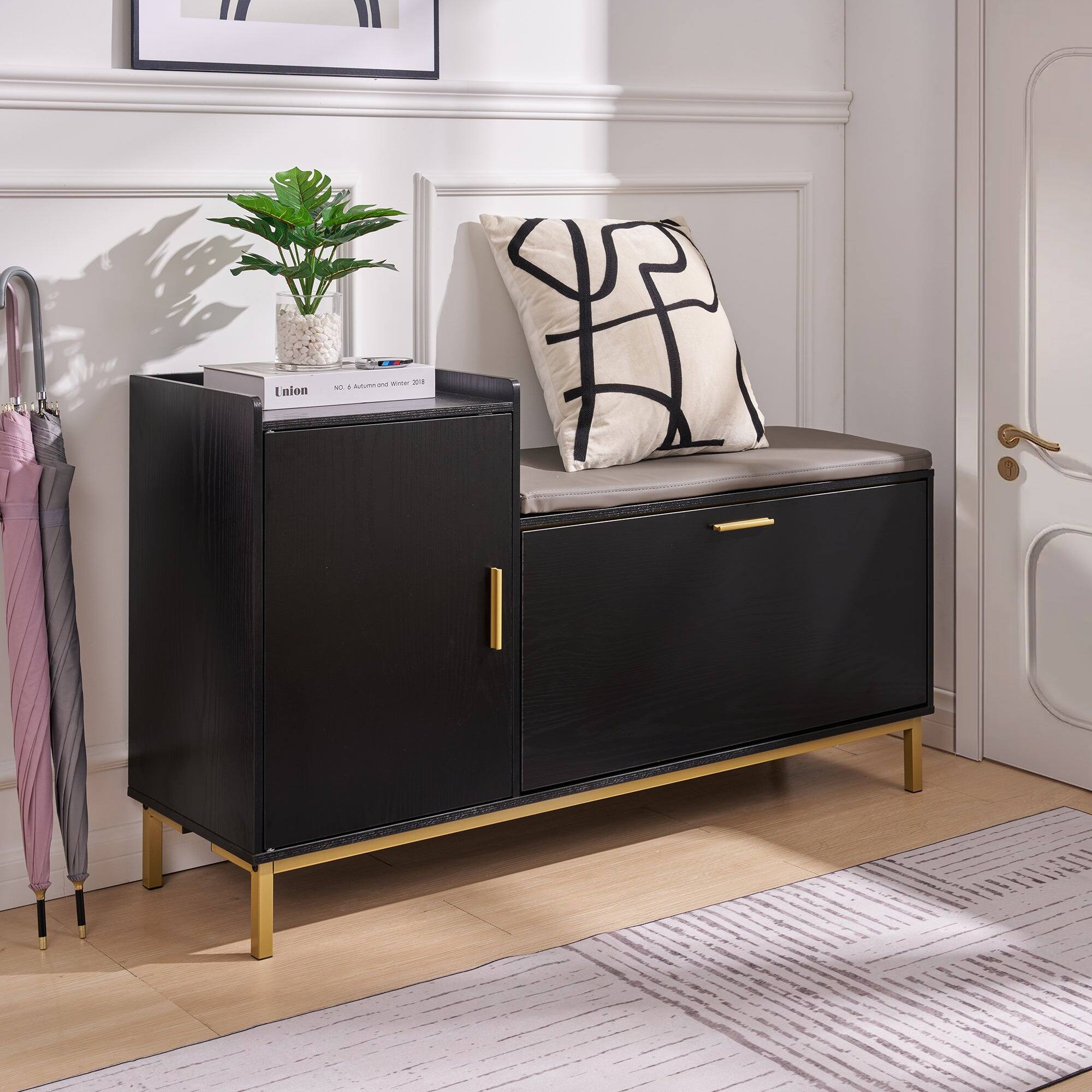 Front. Vecelo - Flip Drawer Shoe Storage Bench with Cushion, Entryway Shoe Bench with PU Leather Seat and Steel Frame - Black.