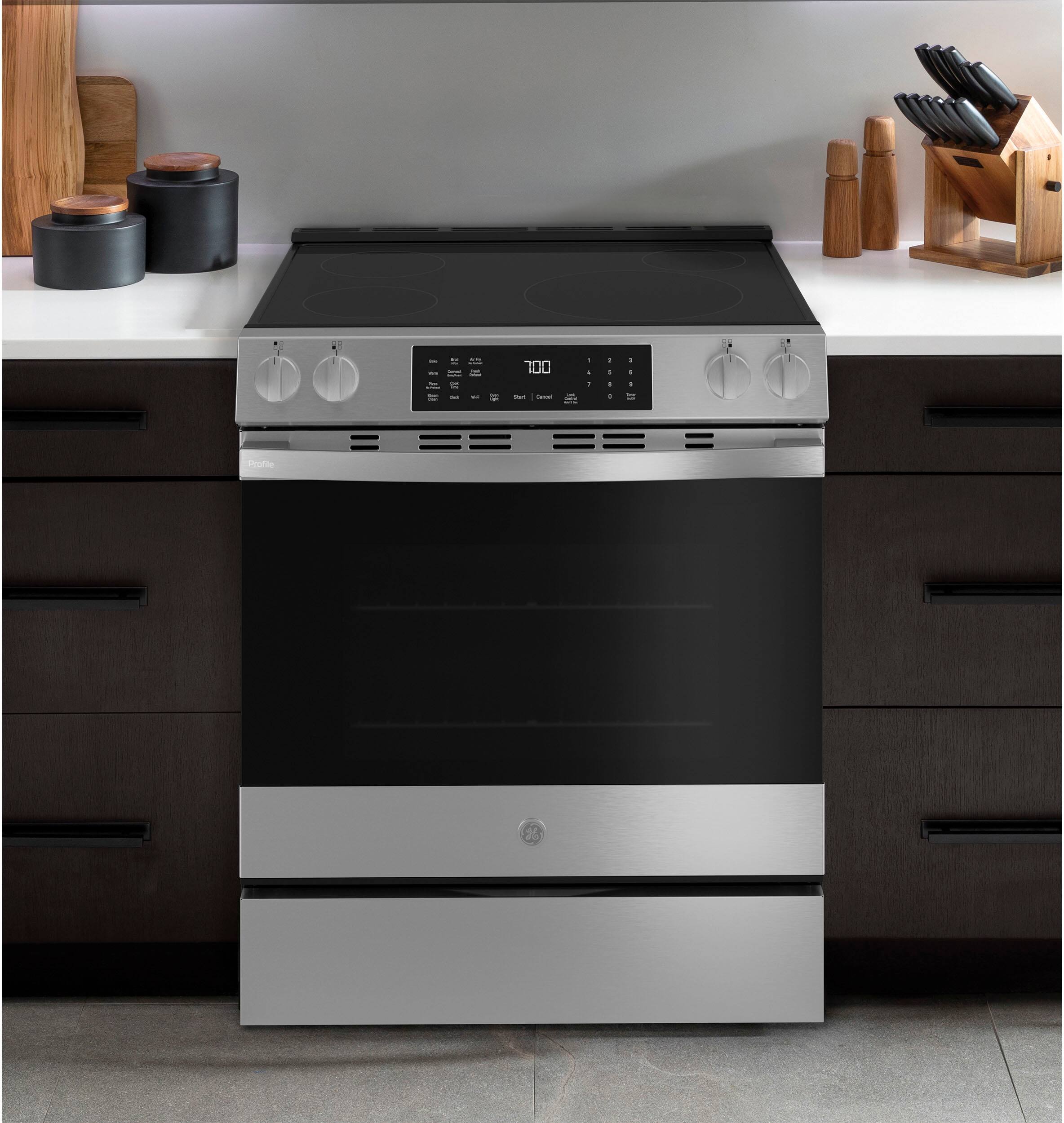 Alt View 29. GE Profile - 5.3 Cu. Ft. Slide-In Electric Induction Convection Range with No Preheat Air fry and EasyWash Oven Tray Cleaning System - Stainless Steel.