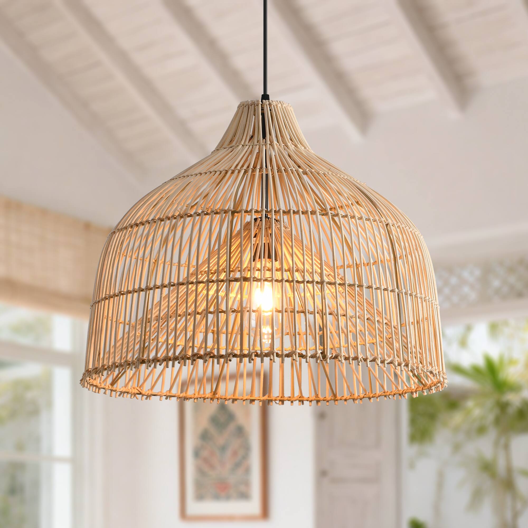 Alt View 2. Parrot Uncle - 1-Light Boho Brown Rattan Hand-Woven Cloche Hanging Basket Pendant Light - Brown.