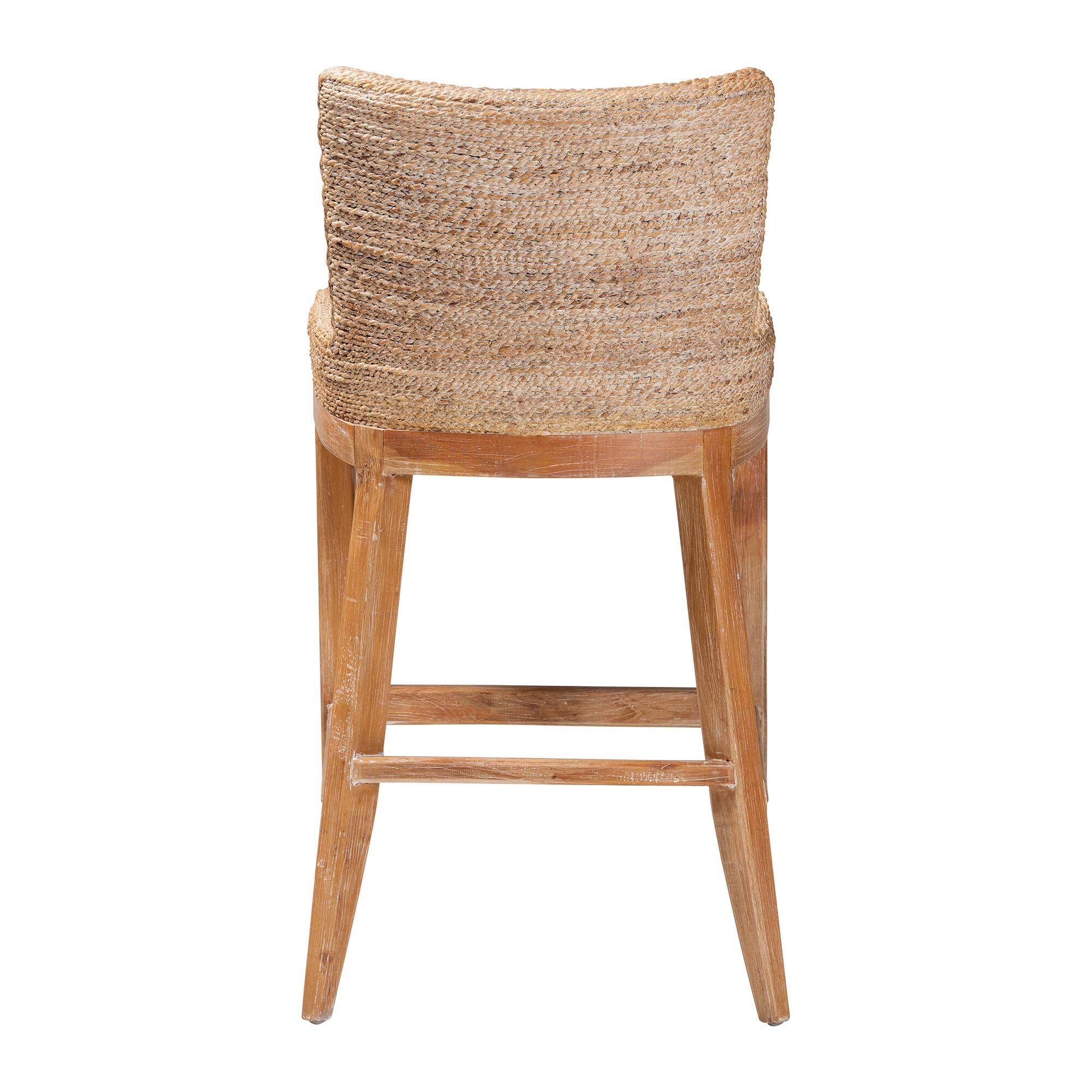 Back. bali & pari - Ridley Seagrass Bar Stool with Mahogany Wood Frame - Seating with Woven Square Back and Cushioned Seat - White Wash.