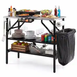 Costway - Foldable Outdoor Cook Station with 2 Removable Shelves, Trash Bag Holder, 4 S-Hooks - Black + Silver