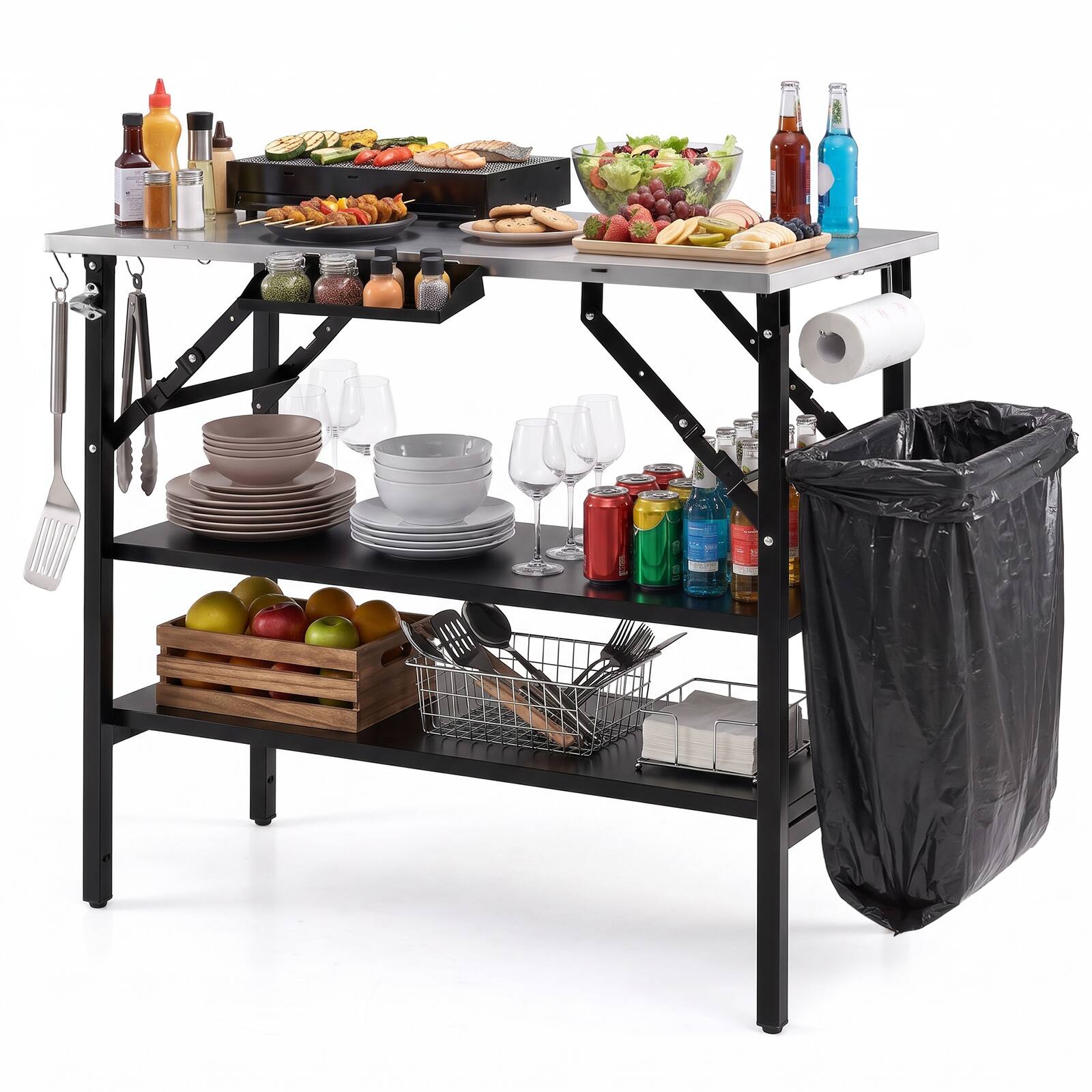 Front. Costway - Costway Foldable Outdoor Cook Station with 2 Removable Shelves, Trash Bag Holder, 4 S-Hooks - Black + Silver.
