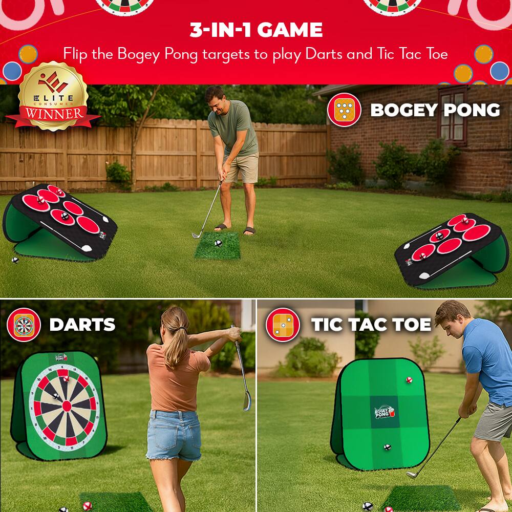 3-IN-1 GAME

Flip the Bogey Pong targets to play Darts and Tic Tac Toe

ELITE WINNER

BOGEY PONG

DARTS

TIC TAC TOE