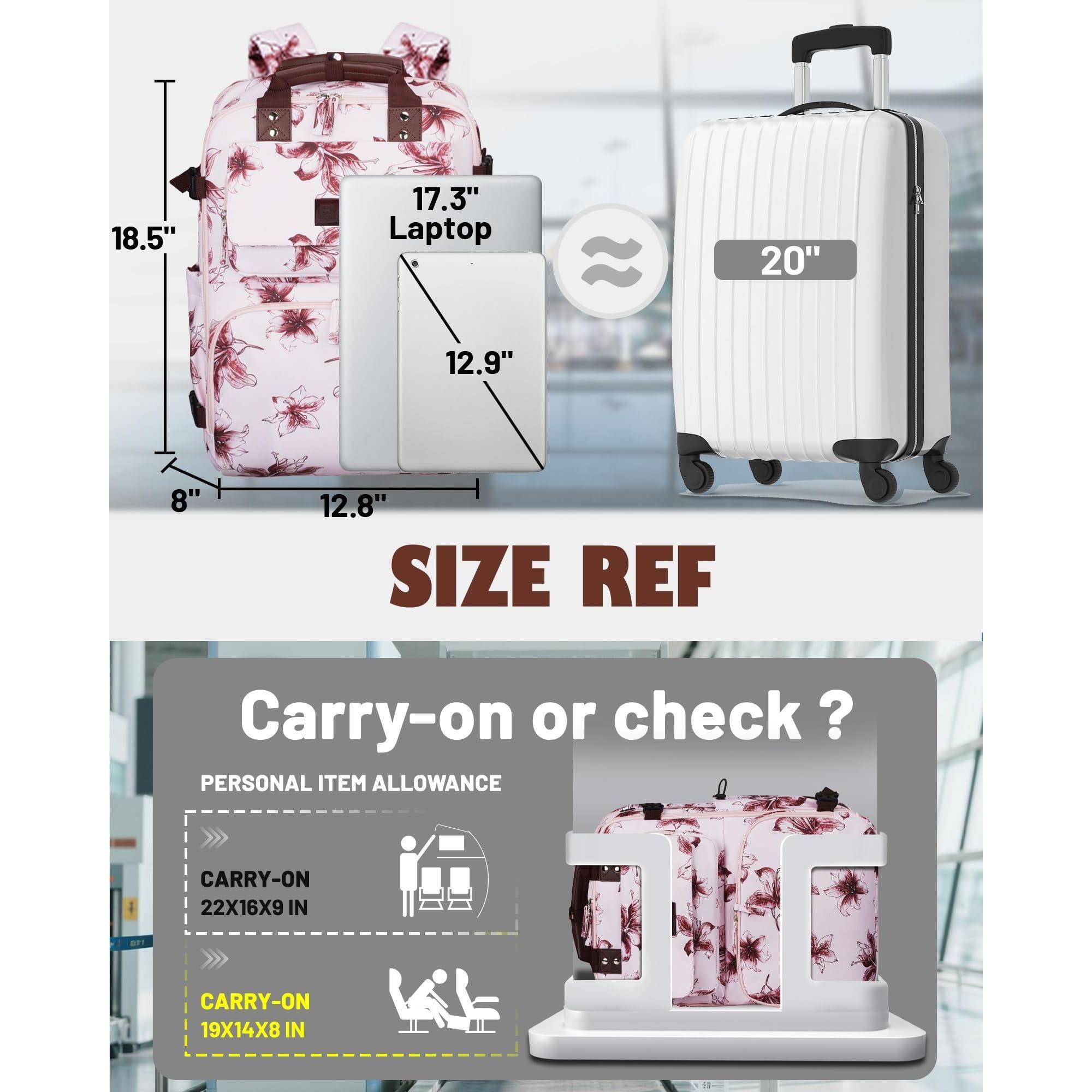 **SIZE REF**

- 18.5" x 12.8" x 8"
- 17.3" Laptop
- 20"

**Carry-on or check?**

**PERSONAL ITEM ALLOWANCE**

- CARRY-ON 22X16X9 IN
- CARRY-ON 19X14X8 IN