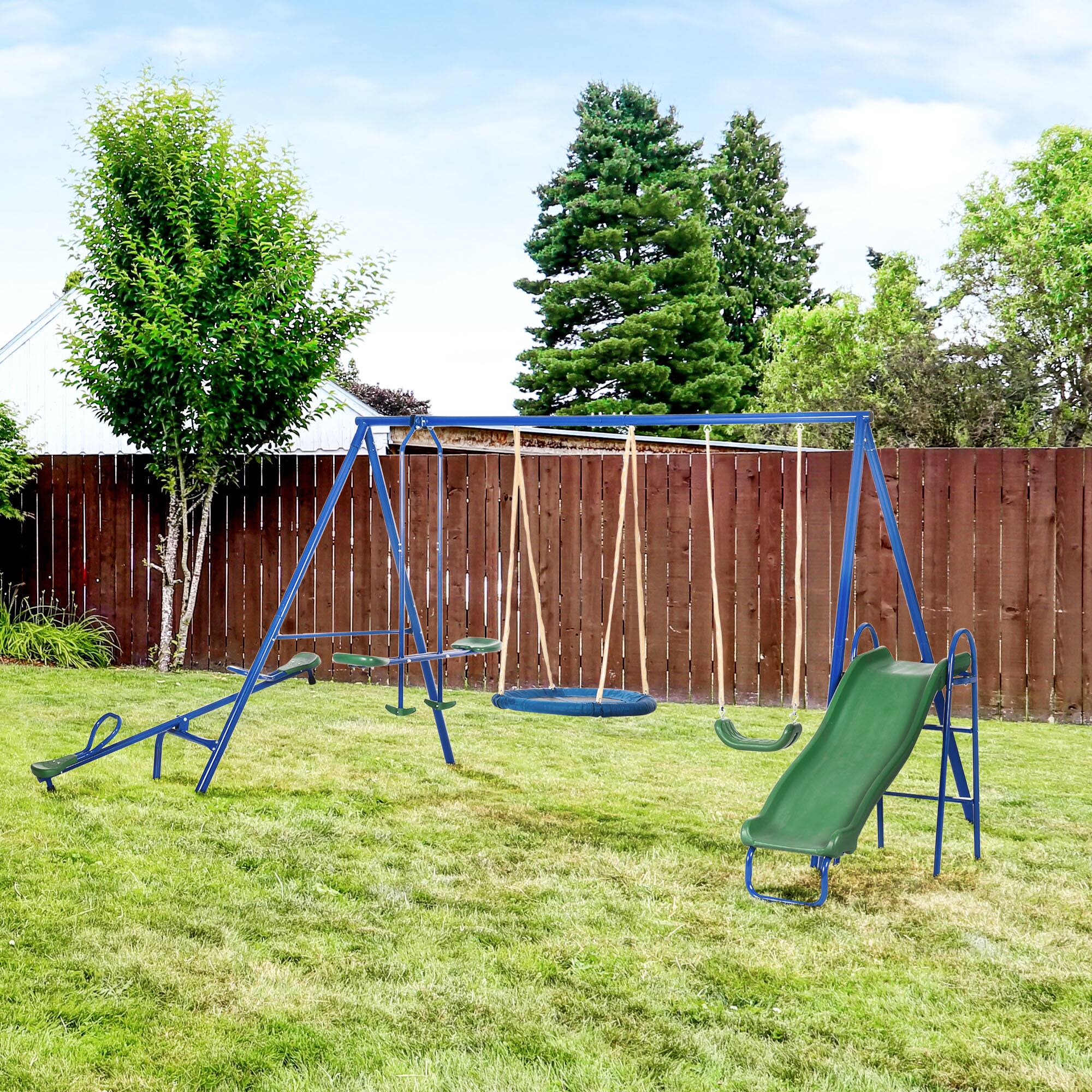 Alt View 1. Outsunny - lbs Metal Swing Set for Kids, 5 in 1 Outdoor Playset with Heavy Duty A-Frame Stand, 29.5" Saucer Swing.