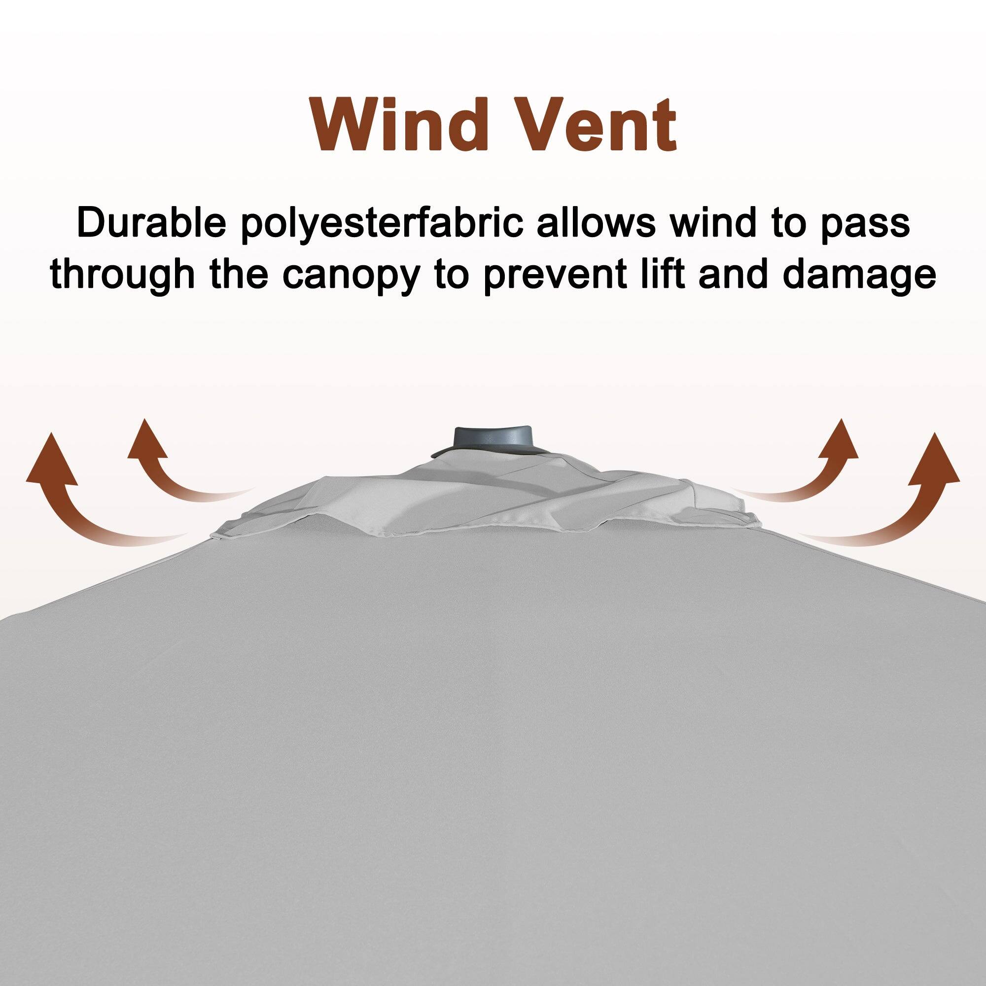 Wind Vent

Durable polyester fabric allows wind to pass through the canopy to prevent lift and damage.