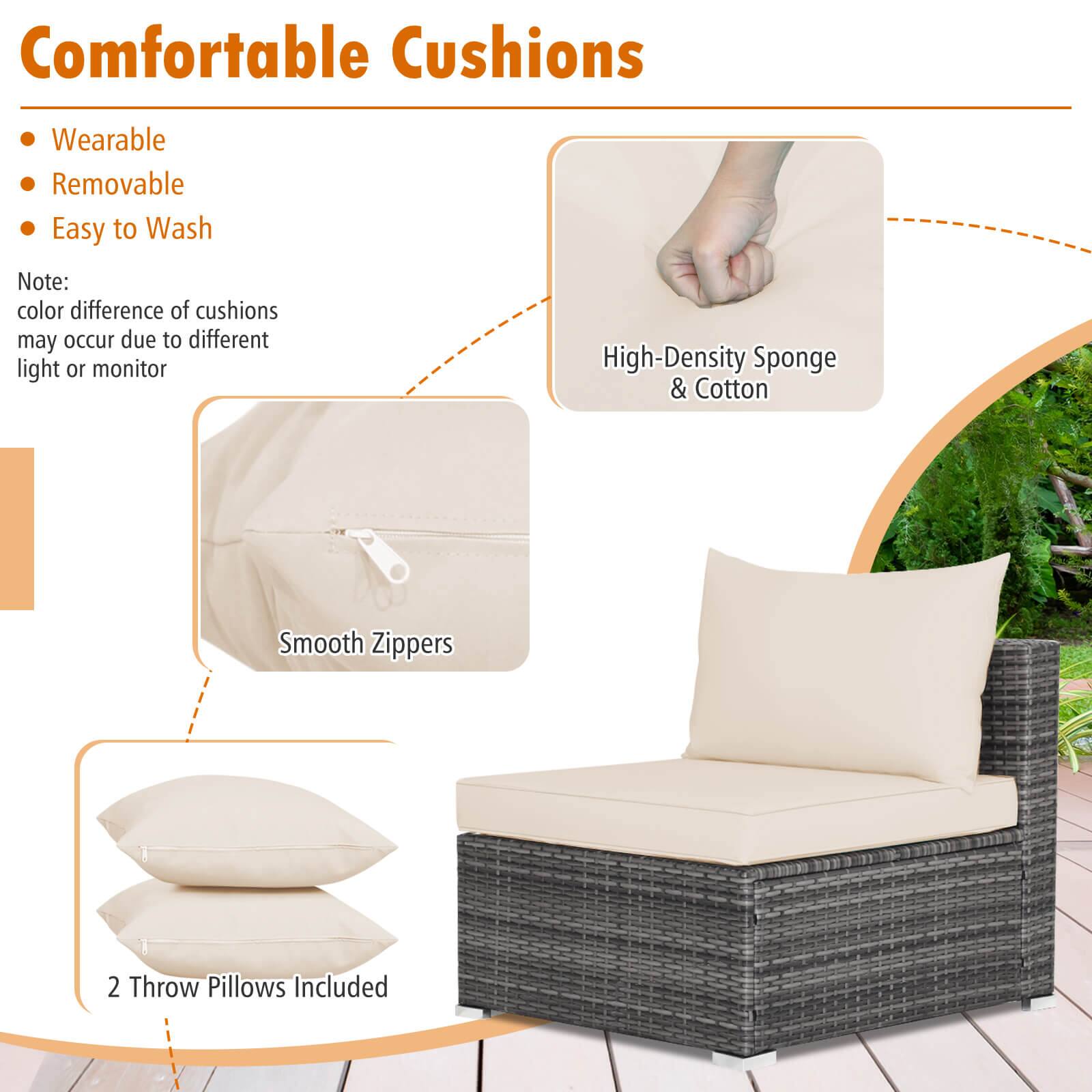 Comfortable Cushions

Wearable
Removable
Easy to Wash

Note: color difference of cushions may occur due to different light or monitor

High-Density Sponge & Cotton
Smooth Zippers
2 Throw Pillows Included