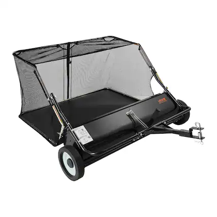 Front. VEVOR - Tow Behind Lawn Sweeper, 48 in Pull Behind Yard Sweeper, 26 cu. ft Hopper Bag Capacity, Leaf & Grass Collector - Black.