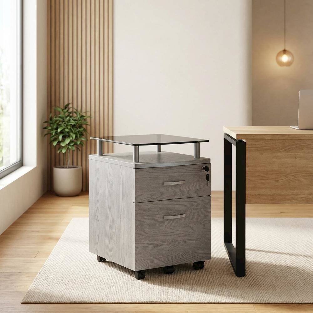 Alt View 3. FurniFact - Grey Rolling File Cabinet with Glass Top and Smooth Mobility for Home or Office - Gray.
