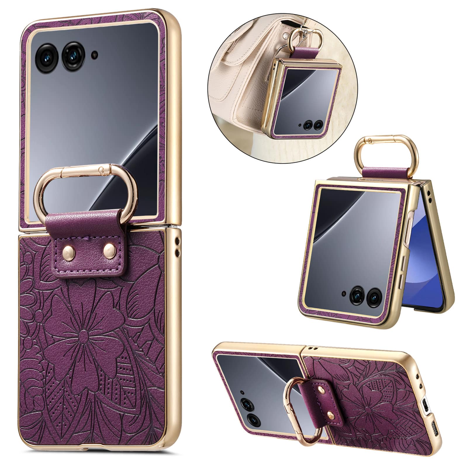 Dteck - Shockproof Leather Texture Case for Motorola Razr Ultra (2025), Electroplated Rigid Plastic Cover with Ring Holder Stand - Purple price history on PriceWatchPro