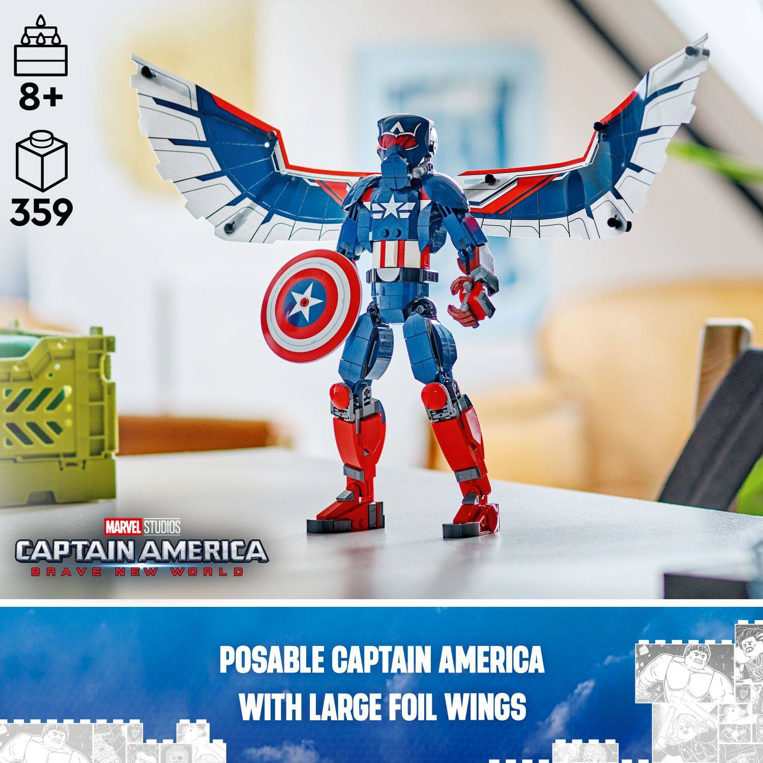 The text on the image reads: "8+ 359 MARVEL STUDIOS CAPTAIN AMERICA BRAVE NEW WORLD POSABLE CAPTAIN AMERICA WITH LARGE FOIL WINGS."
