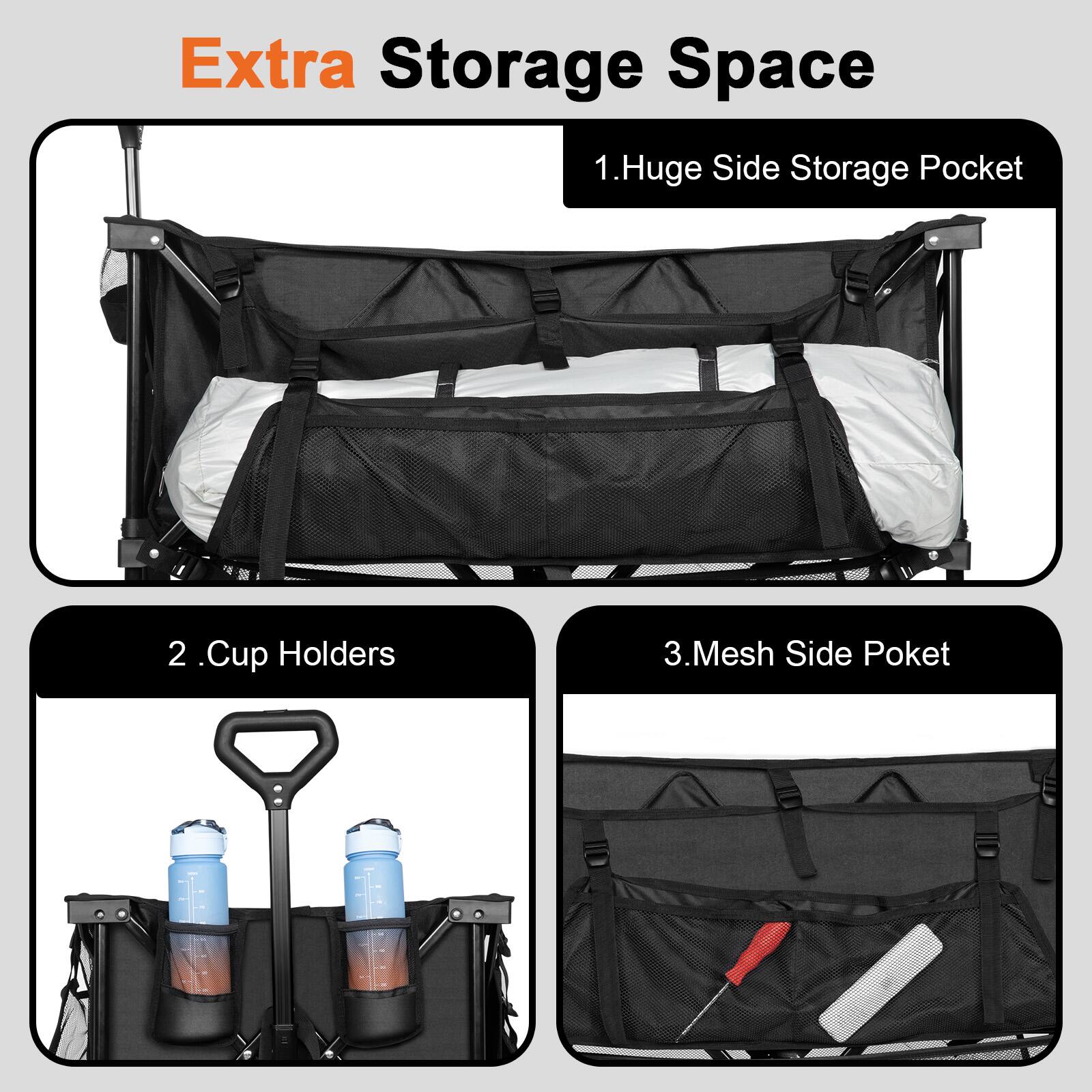 Extra Storage Space

1. Huge Side Storage Pocket

2. Cup Holders

3. Mesh Side Pocket