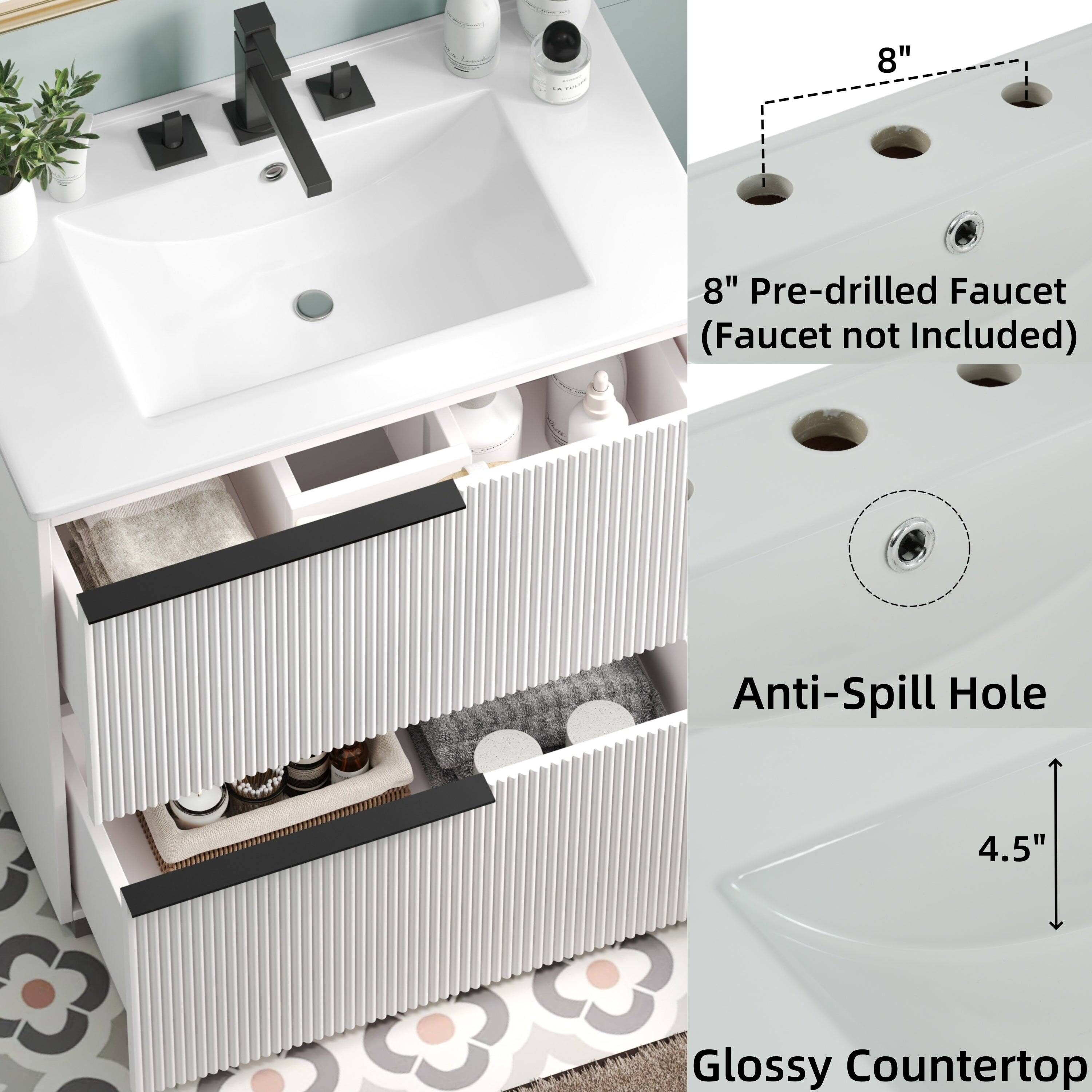 8" Pre-drilled Faucet (Faucet not Included)  
Anti-Spill Hole  
4.5" Glossy Countertop