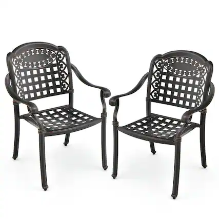 Front. Pefilos - Set of 2 Cast Aluminum Patio Chairs with Armrests, Weather Resistance Patio Chairs - Brown.