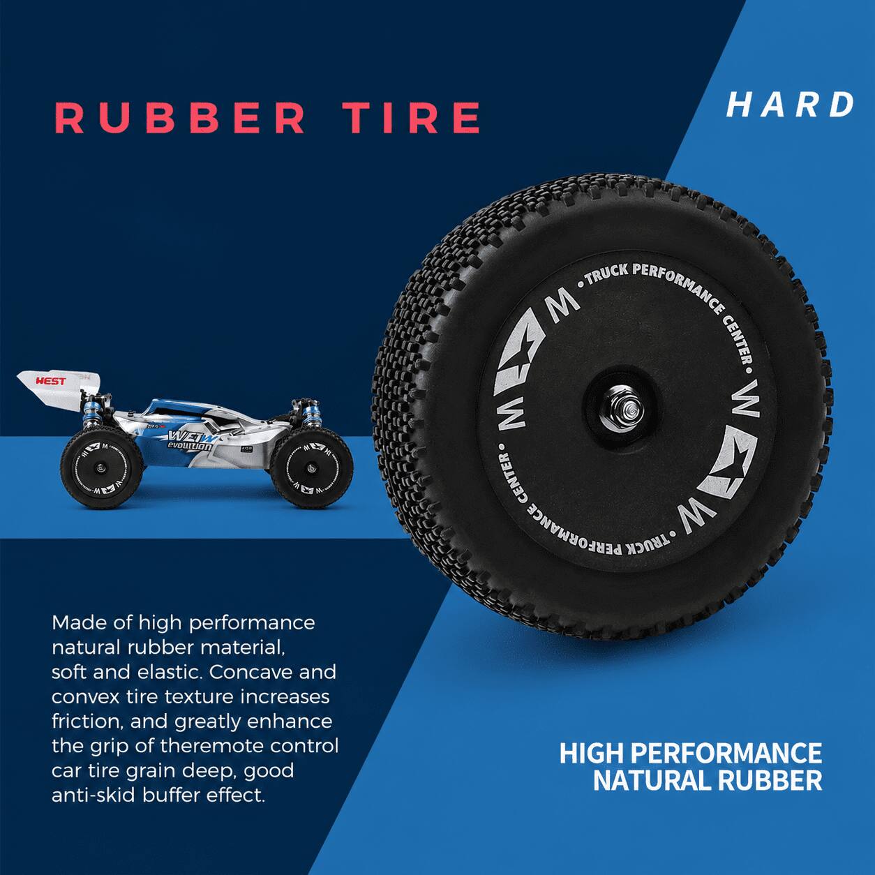 RUBBER TIRE  
HARD  

Made of high performance natural rubber material, soft and elastic. Concave and convex tire texture increases friction, and greatly enhance the grip of the remote control car tire grain deep, good anti-skid buffer effect.  

TRUCK PERFORMANCE M CENTER M W CENTER E PERFORMANCE TRUCK W HIGH PERFORMANCE NATURAL RUBBER