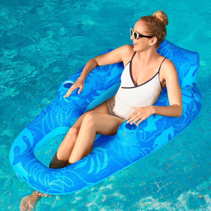 Front. Joyfy - 55'' Inflatable Float Lounger Adult, Sunbathing Floaty Recliner Chair with Cup Holders and Backrest for Poolside(Blue).