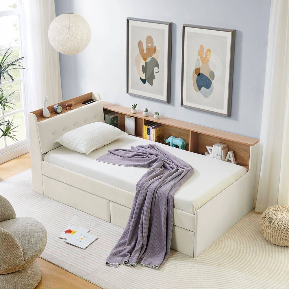 Front. Kadyn - Twin Size Upholstered Velvet Daybed with Storage Headboard, Wireless Charging, 2 Drawers & LED Lights - Beige.