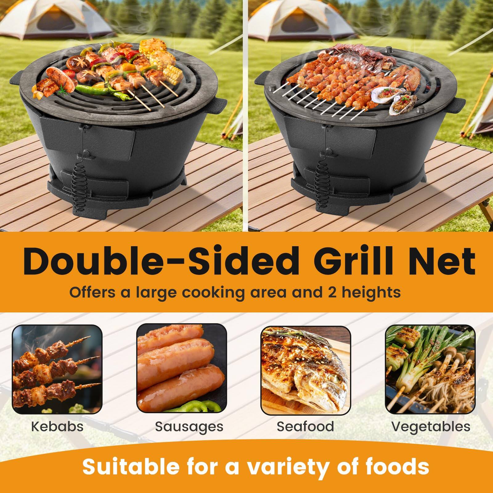 Double-Sided Grill Net  
Offers a large cooking area and 2 heights  

Kebabs  
Sausages  
Seafood  
Vegetables  

Suitable for a variety of foods