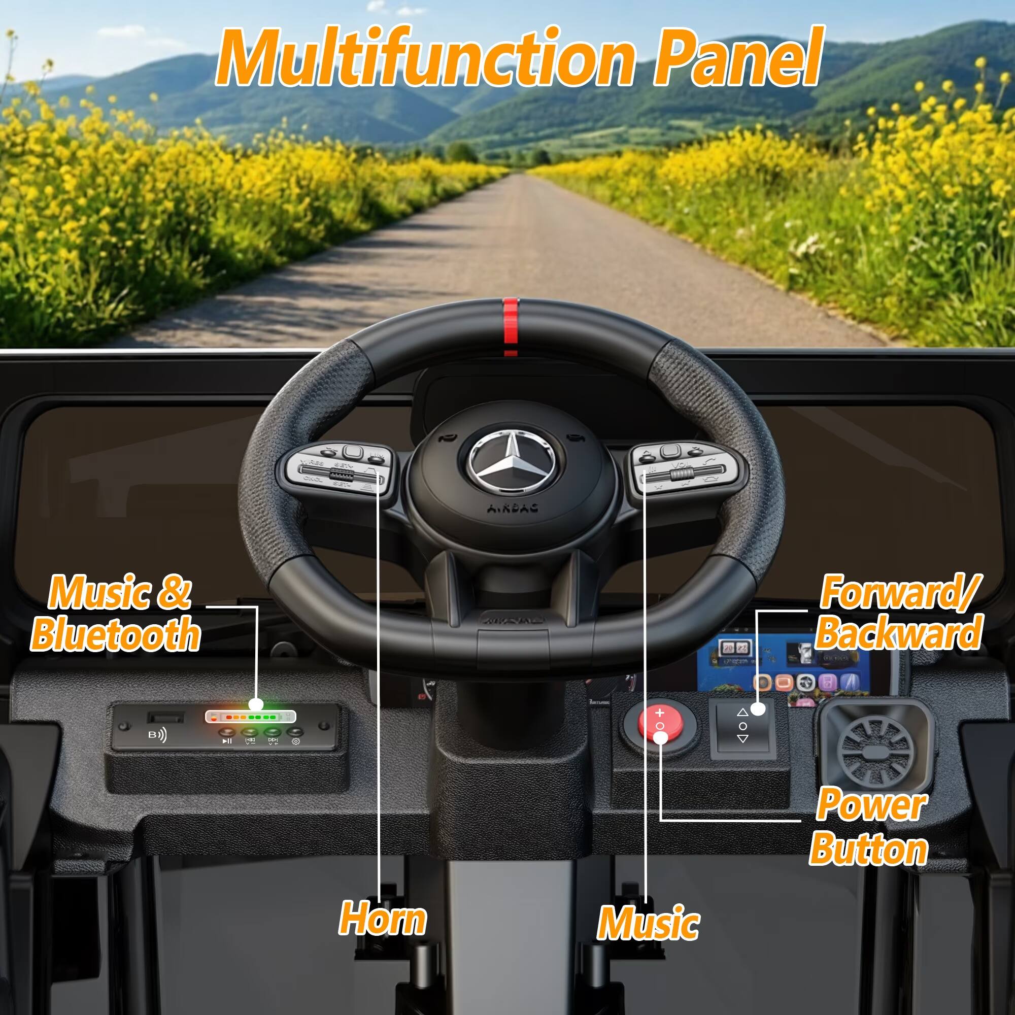 Multifunction Panel

- Music & Bluetooth
- Forward/ Backward
- Power Button
- Horn
- Music