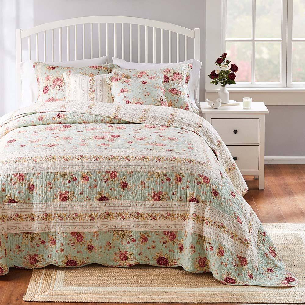 Alt View 2. Greenland Home Fashions - Greenland Home Antique Rose Bright Florals and Whimsical Songbirds Bedspread Set 3-Piece Queen Blue - Blue.