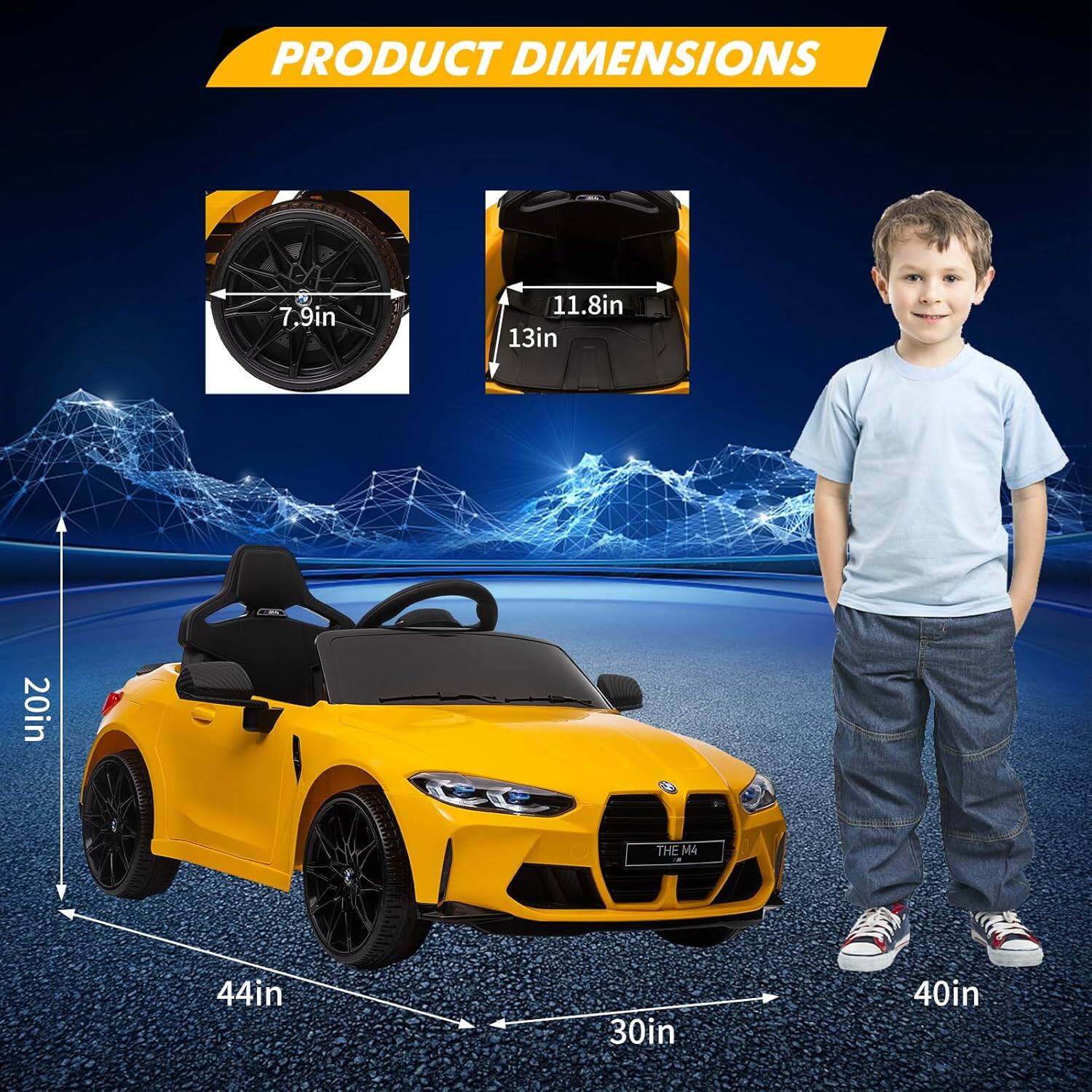 PRODUCT DIMENSIONS

- Wheel Diameter: 7.9in
- Seat Height: 11.8in
- Seat Width: 13in
- Car Length: 44in
- Car Width: 30in
- Car Height: 20in
- Child Height: 40in