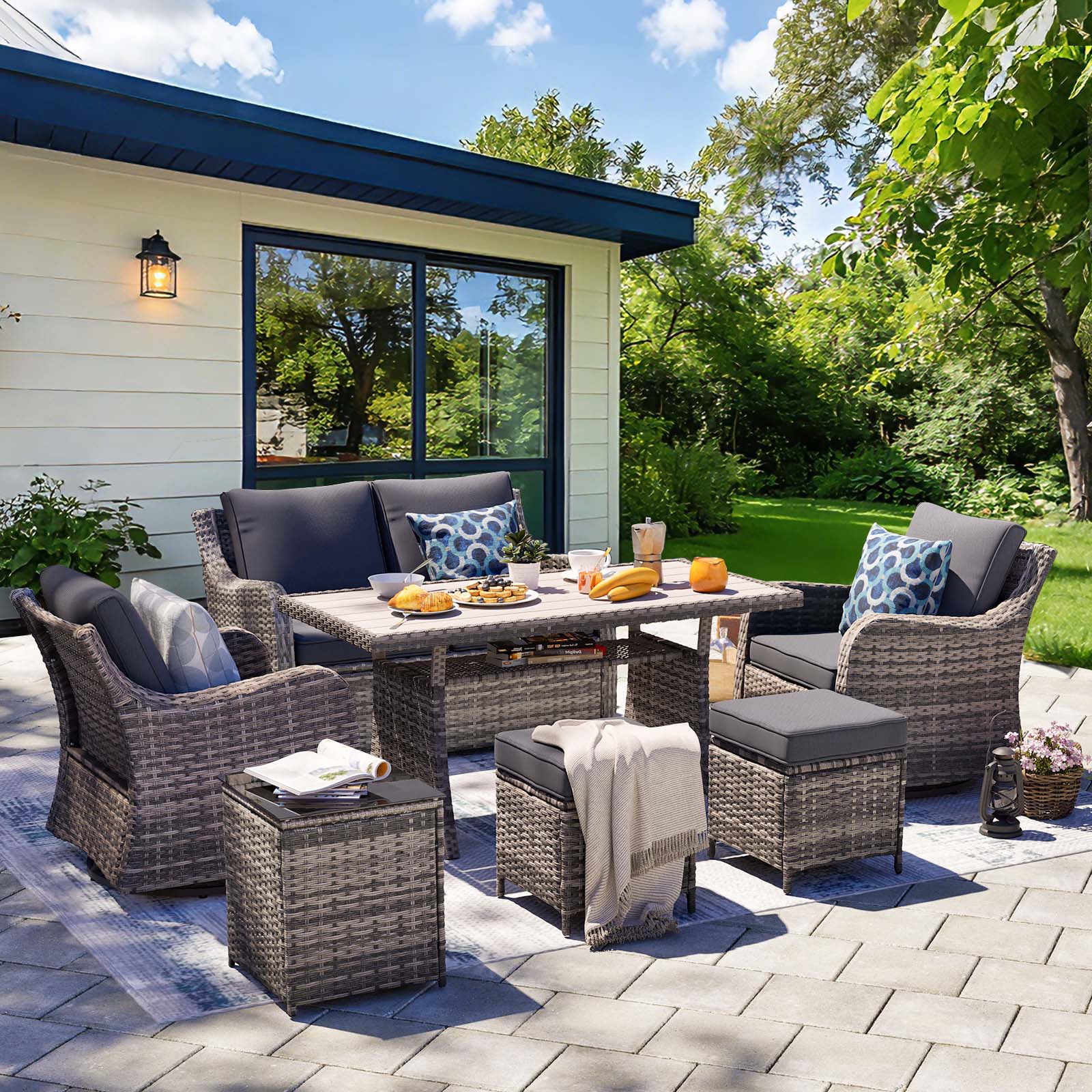 Angle. Yardgrace - 7-Piece Wicker Patio Set w/ Swivel Chairs, Loveseat, 2 Ottomans & Dining Table – Perfect for Relaxing - Grey.