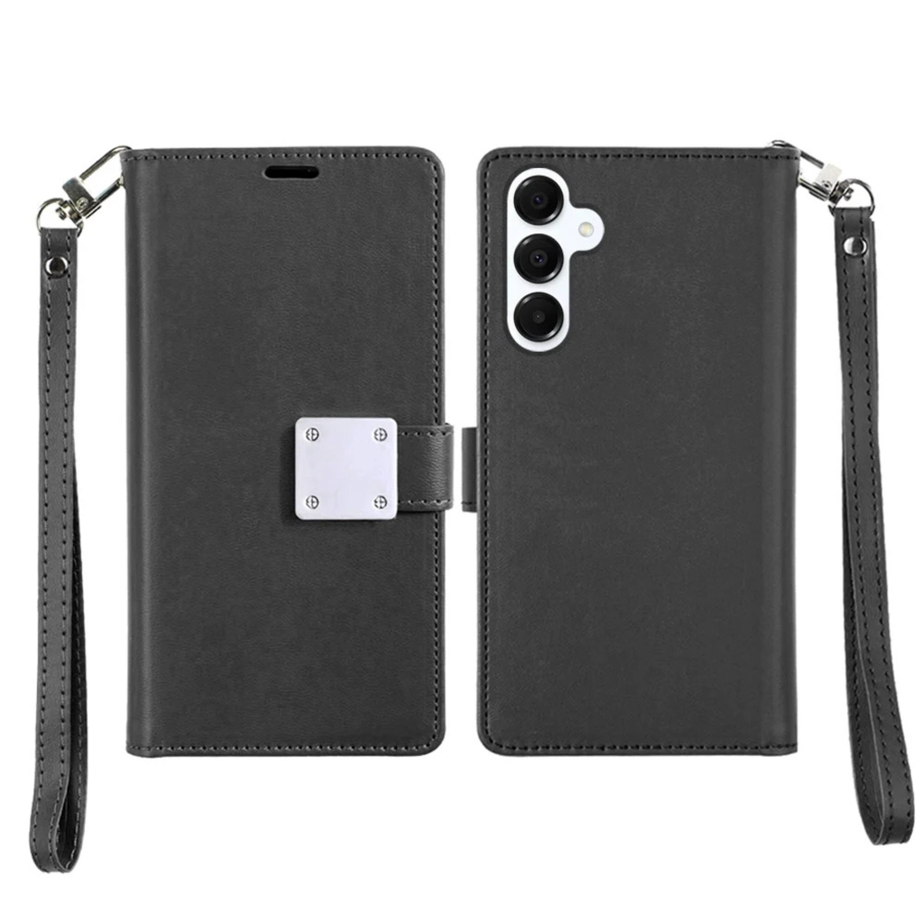 Left. Kitcheniva - PU Leather Wallet Phone Case With Wrist Strap And Tempered Glass For Samsung S25 FE Dark Purple - Dark Purple.