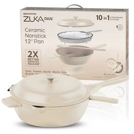 Granitestone - Zuka Everyday Pan 12" Nonstick Multi-Functional Saute Pan with Lid, Nylon Spoon and Steamer Basket - Cream