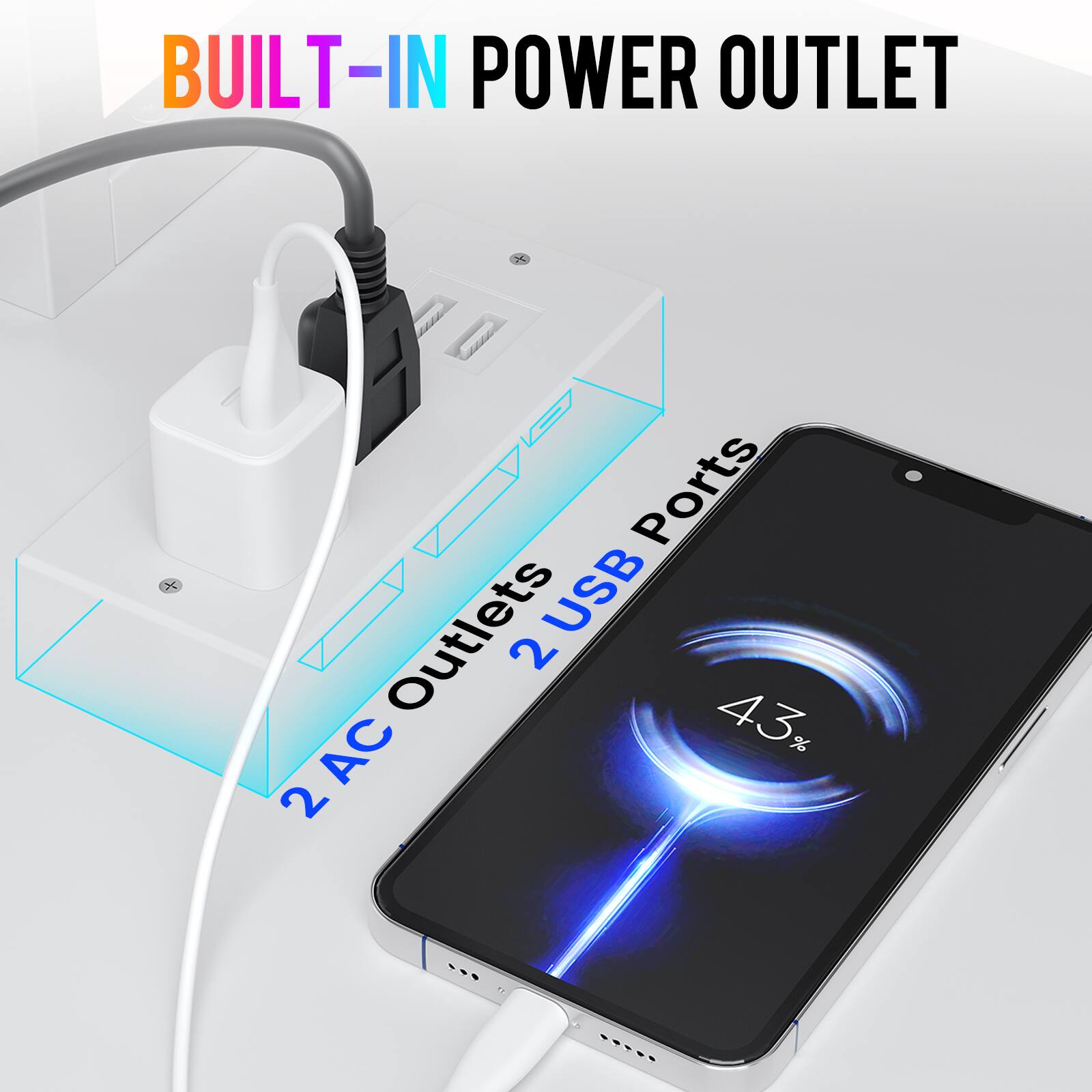 BUILT-IN POWER OUTLET

Ports
2 AC Outlets
2 USB Ports

43%