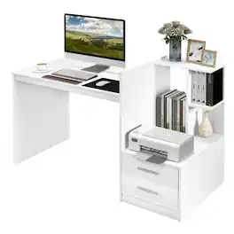 Kadyn - Computer Desk Home Office with Bookshelf and Drawers- Home Office Desks, Gaming Computer Desks for Study,Working - White