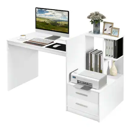 Front. Kadyn - Computer Desk Home Office with Bookshelf and Drawers-White, Home Office Desks, Gaming Computer Desks for Study,Working - White.