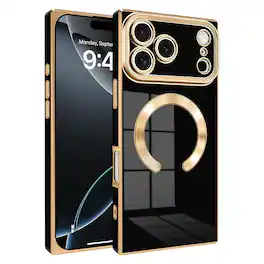 Dteck - Plating Case for Apple iPhone 17 Pro Max, Magnetic Electroplated Soft TPU Rubber Cover with Camera Protection - Black