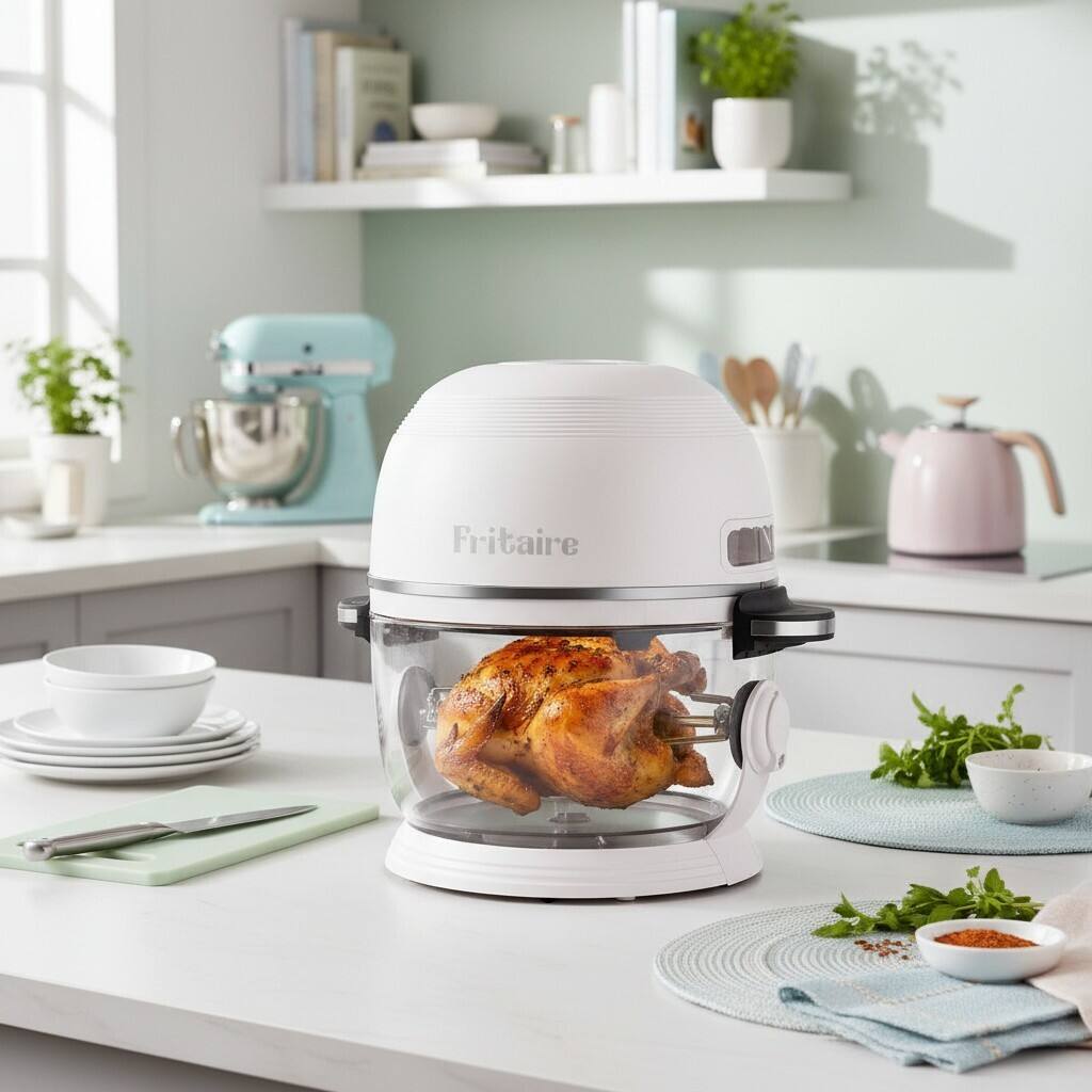 Alt View 1. Fritaire - Non-Toxic Air Fryer - Glass Air Fryer, 5qt, Teflon-Free, PFOA- Free, w/ Accessories - Rotisserie and Tumbling Basket - Lily White.