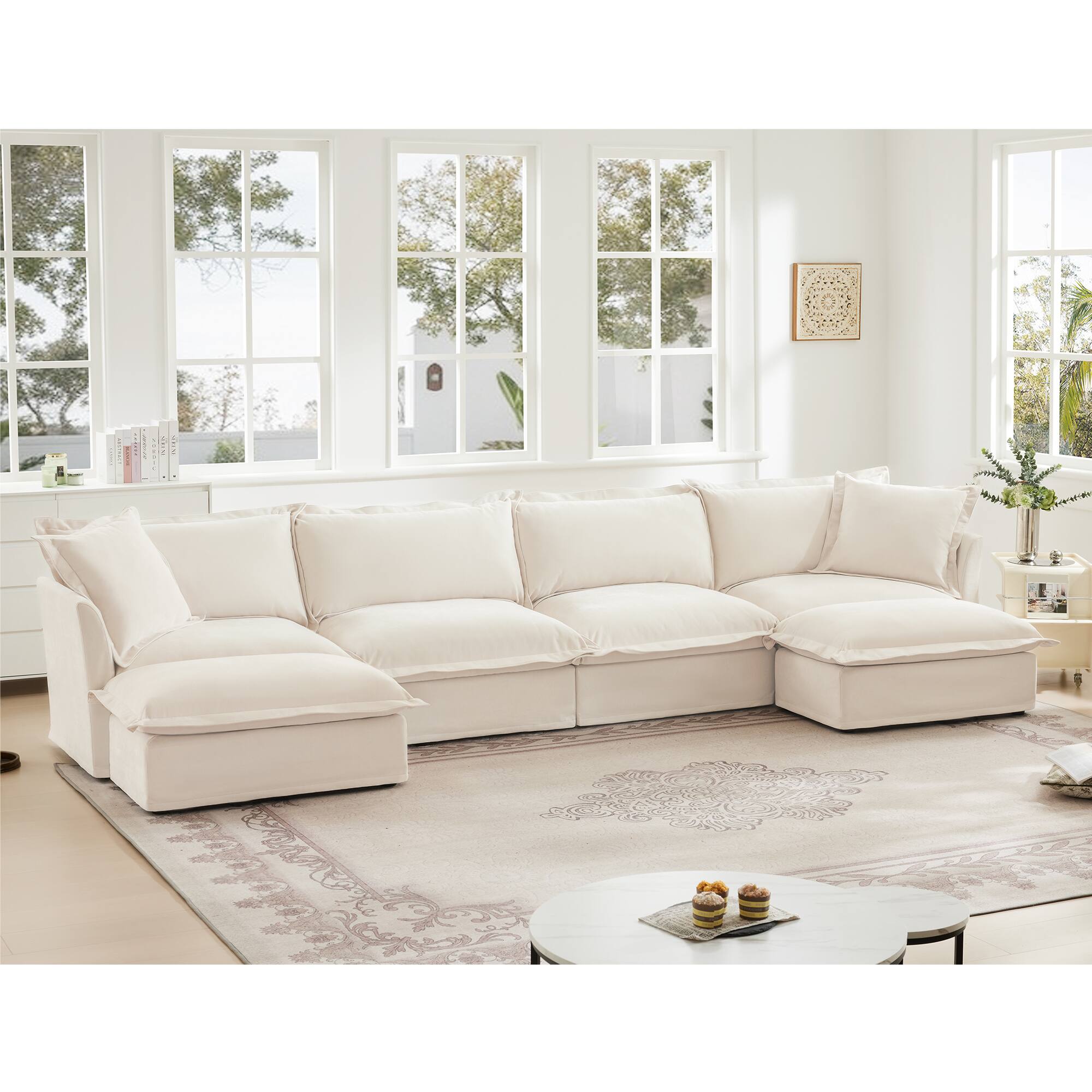 Alt View 1. Meqiodas - L Shape Sectional Long Sofa Couch, 4 Seater Sofa with Suppleness Armrests, Chenille Couch for Living Room, Apartment - Cream(4+2).