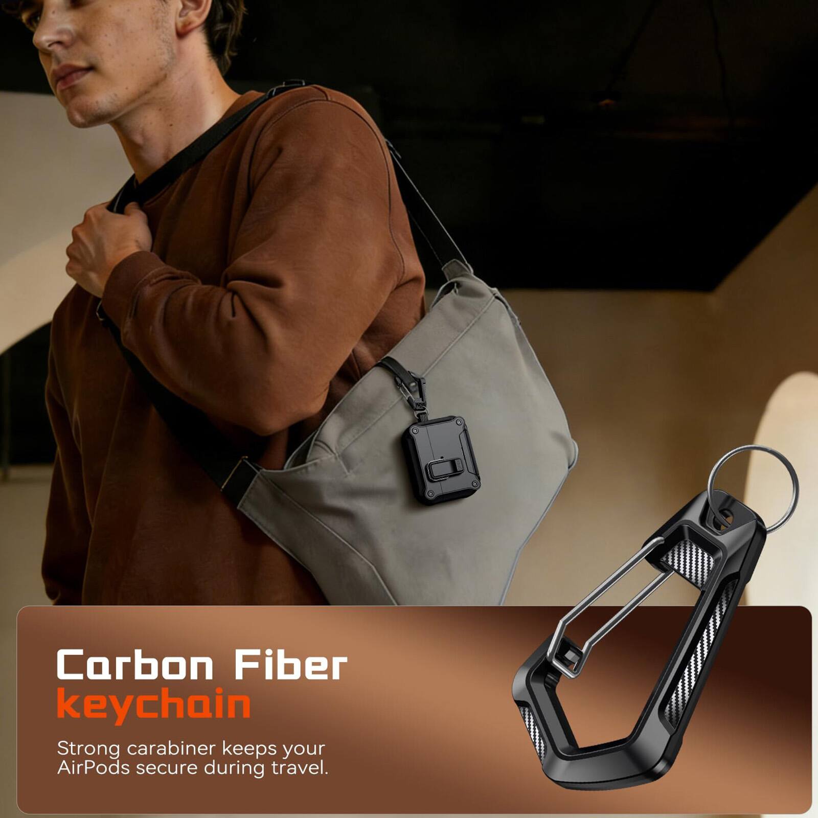 Carbon Fiber keychain  
Strong carabiner keeps your AirPods secure during travel.