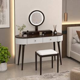 WELLFOR - 47 Inch Modern Makeup Vanity Desk Set with 3 Color Round LED Mirror, Dressing Table with 4 Storage Drawers&Padded Stool - White and Brown