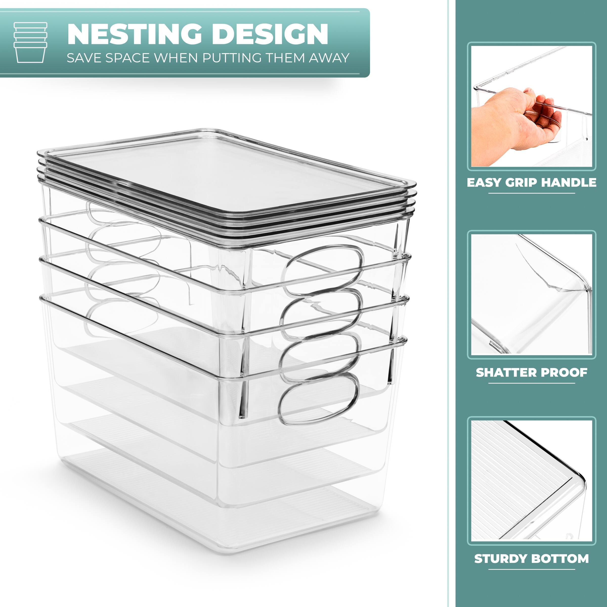 NESTING DESIGN  
SAVE SPACE WHEN PUTTING THEM AWAY  

EASY GRIP HANDLE  
SHATTER PROOF  
STURDY BOTTOM