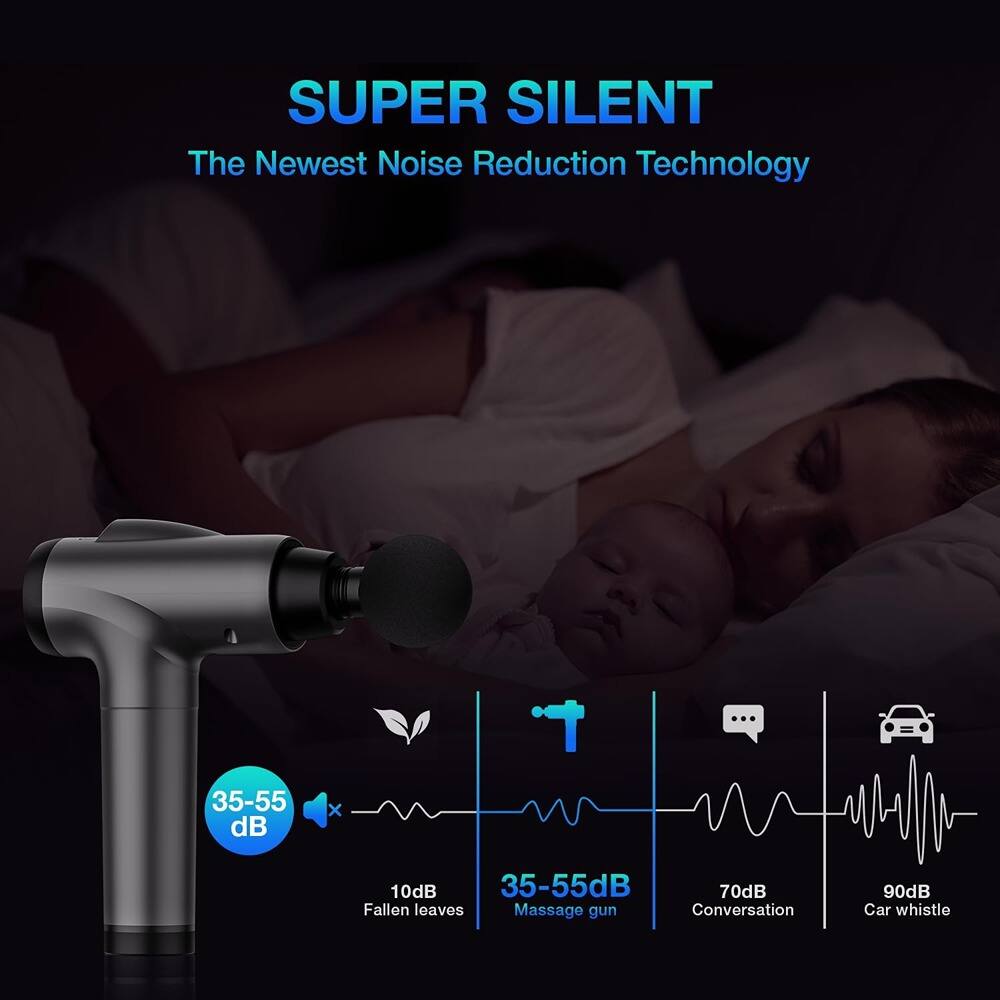 SUPER SILENT  
The Newest Noise Reduction Technology  

35-55 dB  
10dB  
Fallen leaves  

35-55 dB  
Massage gun  

70dB  
Conversation  

90dB  
Car whistle