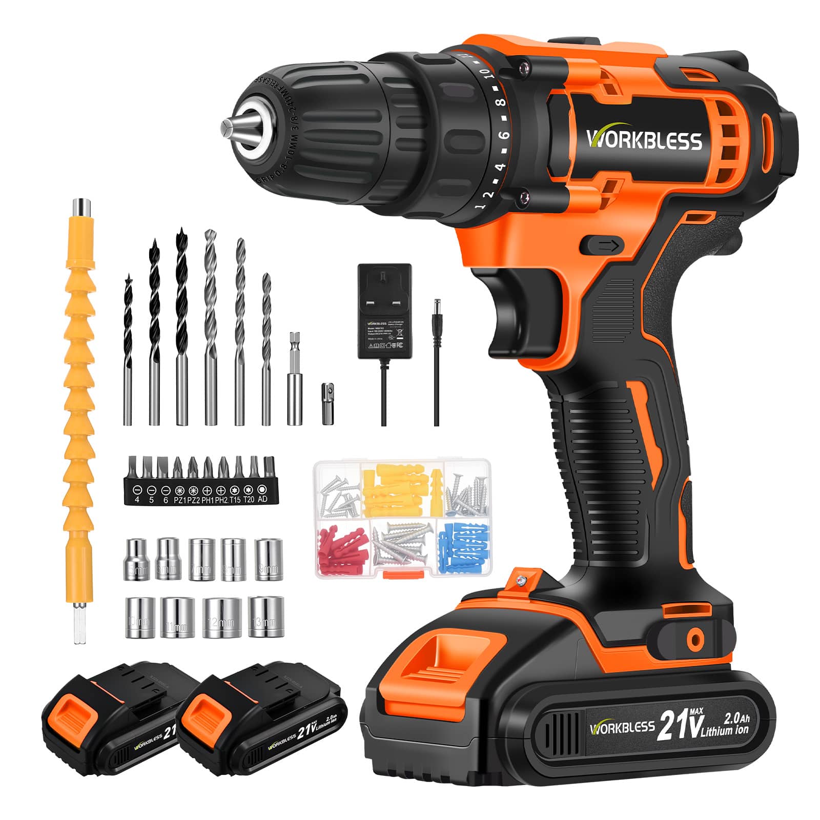 Unique Bargains - WORKBLESS 21V Cordless Drill Set, 2 Batteries & Charger, 3/8" Chuck, Variable Speed, 18+1 Torque, 28pcs Bits - Orange
