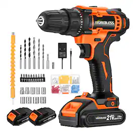 Unique Bargains - WORKBLESS 21V Cordless Drill Set, 2 Batteries & Charger, 3/8" Chuck, Variable Speed, 18+1 Torque, 28pcs Bits - Orange