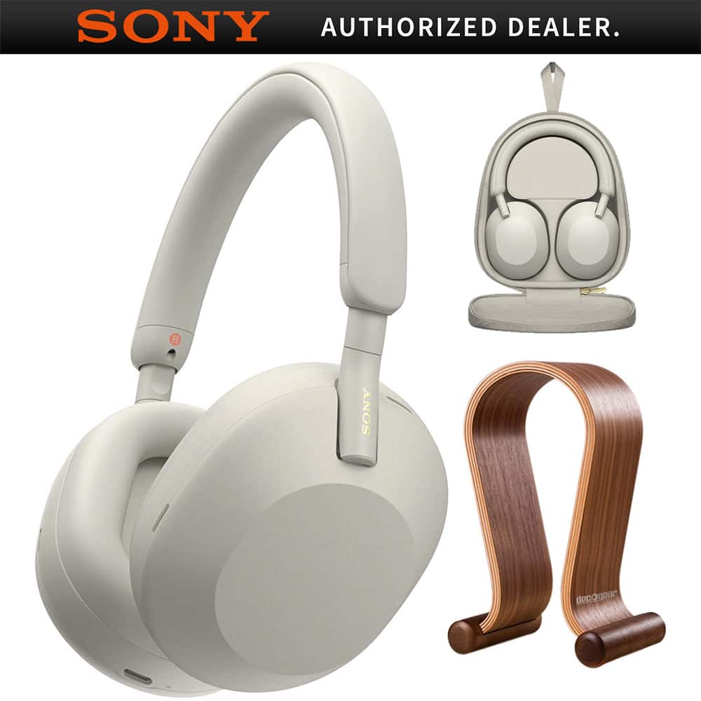 Sony - WH-1000XM5 Wireless Noise Canceling Headphones, Silver + Wood Headphone Stand Bundle