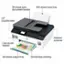 The text on the image is already grouped and correctly labeled. The labels include: 35-sheet auto document feeder, 100-sheet input tray, 2.2" touchscreen, Low-on-ink sensor, HP Smart Tool, Flatbed scanner, and 30-sheet output tray.