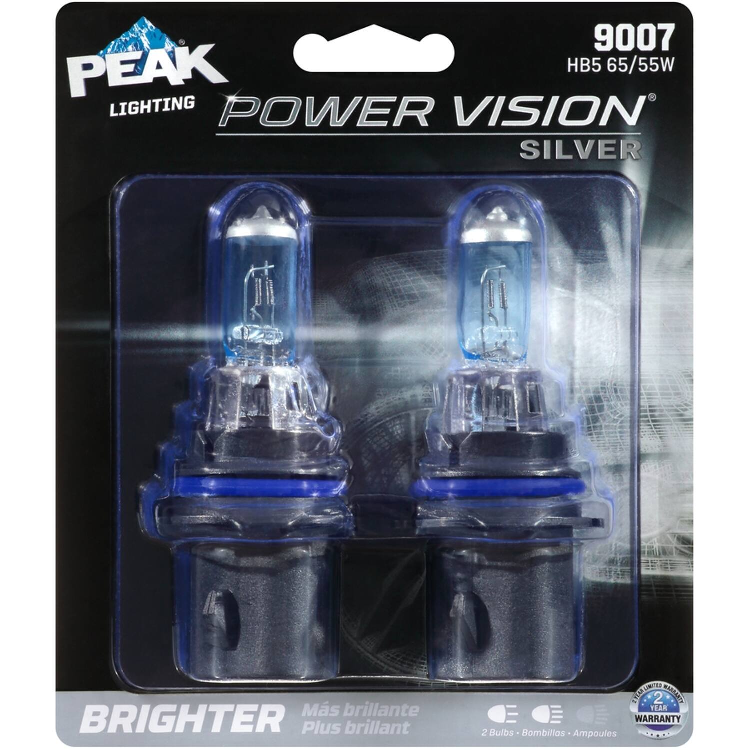 9007 PEAK HB5 65/55W LIGHTING POWER VISION SILVER  
BRIGHTER  
Plus brillant  
Más brillante  
PEARLITED  
2 BARRARTY  
2 Bulbs Bombillas Ampoules  
2 YEAR WARRANTY