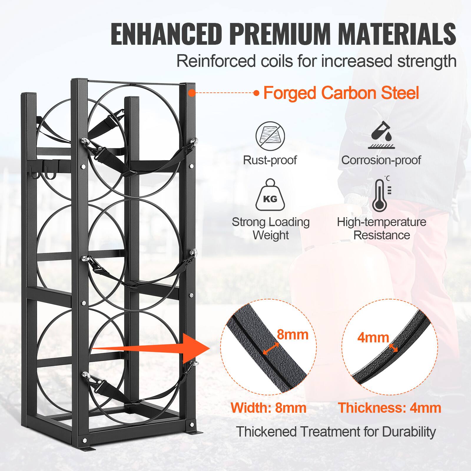 ENHANCED PREMIUM MATERIALS  
Reinforced coils for increased strength  
- Forged Carbon Steel  
  - Rust-proof  
  - Corrosion-proof  
  - Strong Loading Weight  
  - High-temperature Resistance  
- Width: 8mm  
- Thickness: 4mm  
- Thickened Treatment for Durability