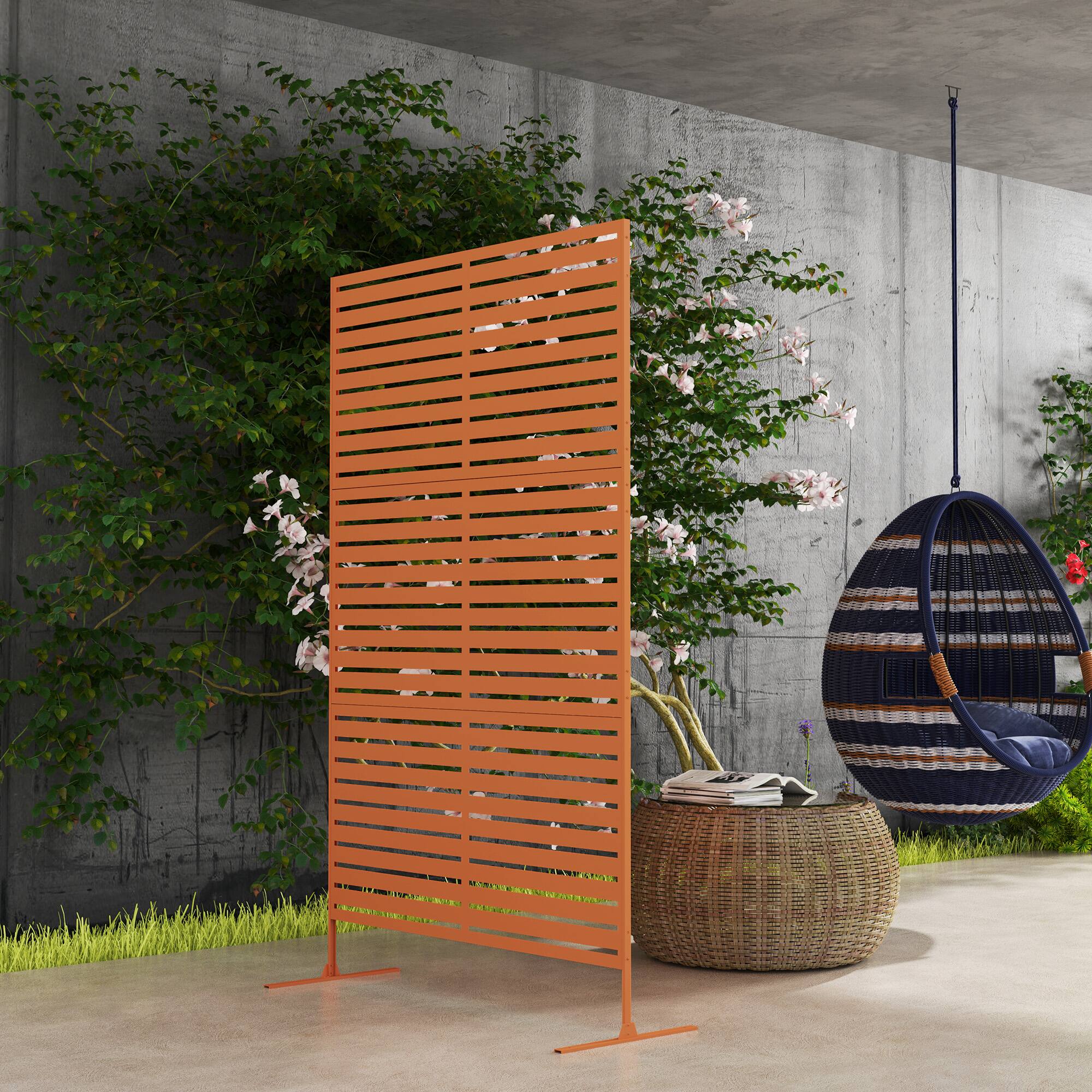 Alt View 8. Outsunny - Metal Outdoor Privacy Screen, 78" H x 48" W Decorative Privacy Fence Screen, Freestanding Outdoor Divider with Stand - Brown/Striped.