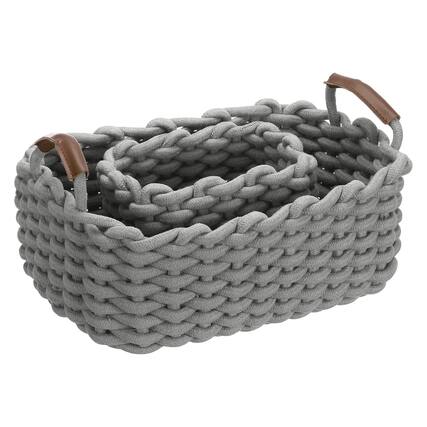 Front. Unique Bargains - 2pcs Woven Basket Cotton Rope Storage Baskets with PU Handle, Gift Chest Box, for Shelf Organizing Home Decor Nursery - Gray.