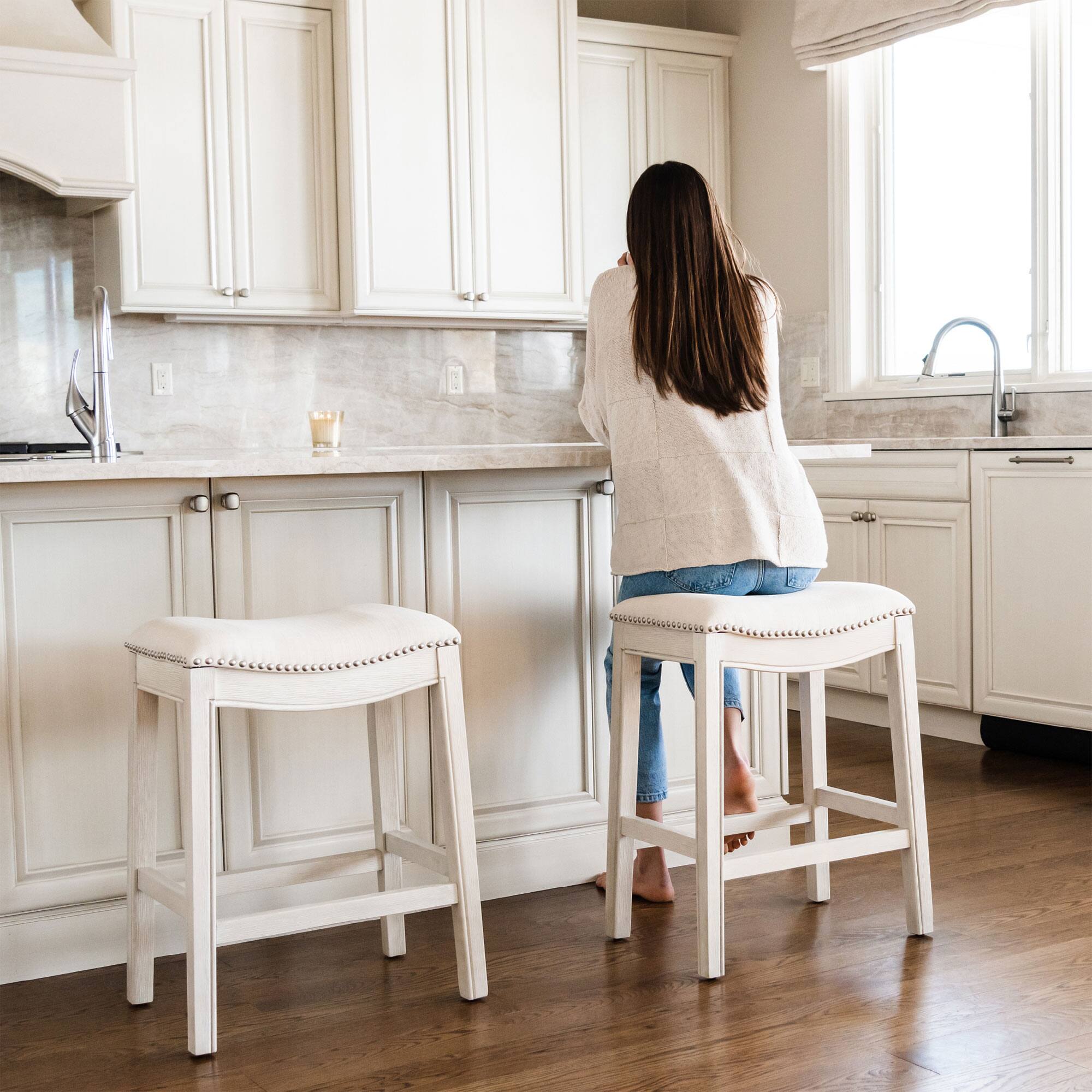 Alt View 4. Maven Lane - Maven Lane Adrien Saddle Bar Stool in White Oak Finish w/ Natural Fabric Upholstery, Set of 2 - White Oak.